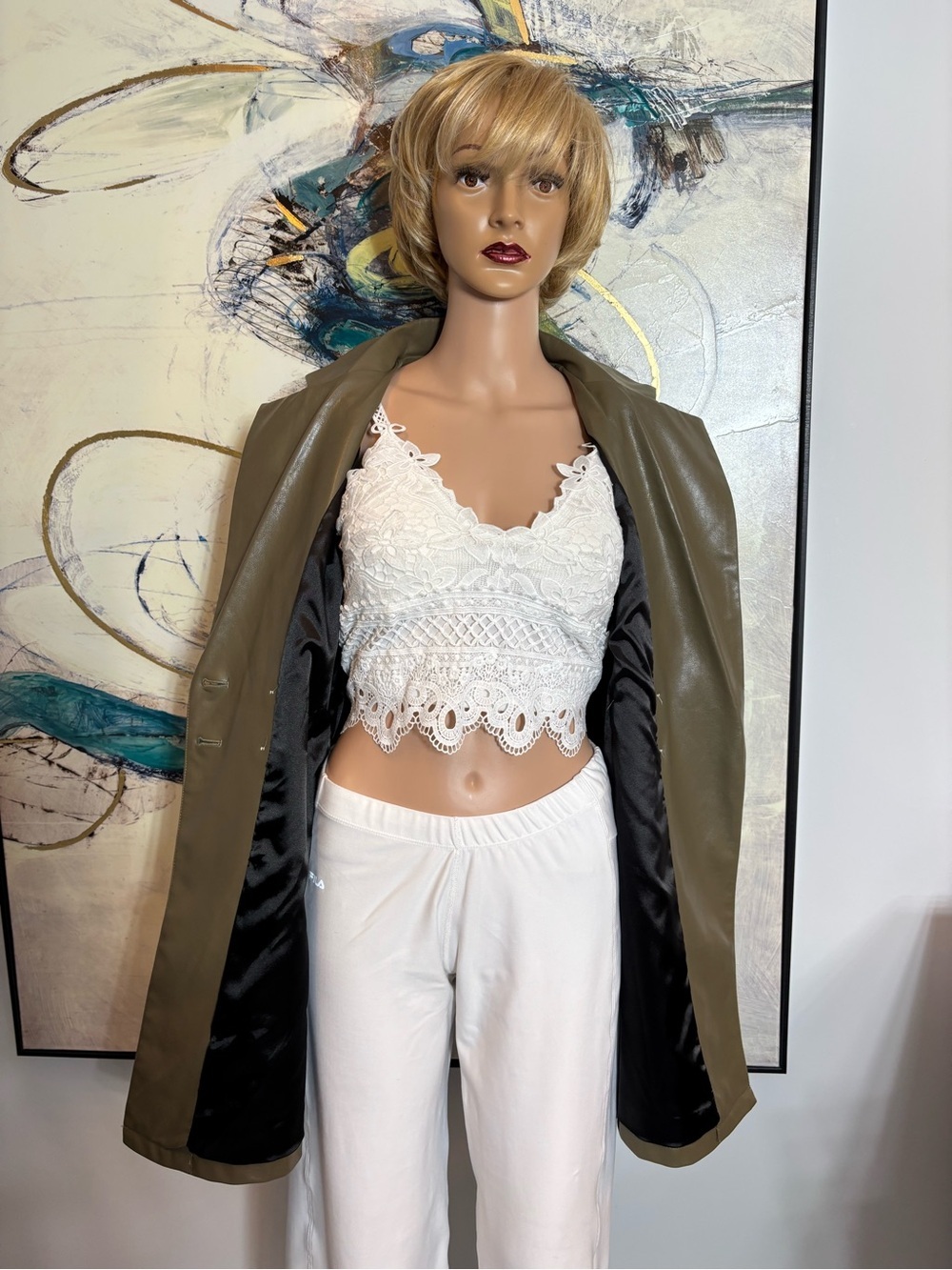 Olive Green Faux Leather Belted Trench Blazer - Picture 12 of 16